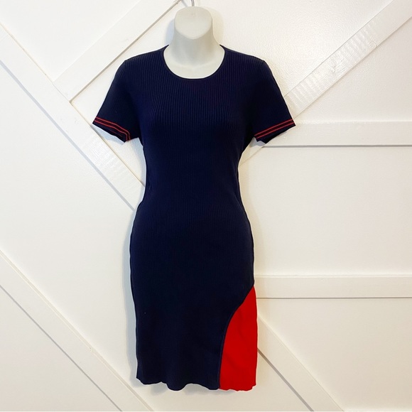 Parker Ruthie Rib Knit Short Sleeve Striped Side Cutout Mini Dress Navy Sz M - Picture 4 of 12